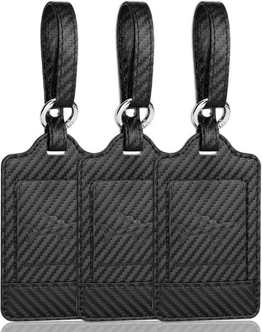 Teskyer Luggage Tags, 3 Pack Premium PU Leather Luggage Tags for Suitcases, Privacy Protection Travel Bag Tags, Carbon Fiber Black