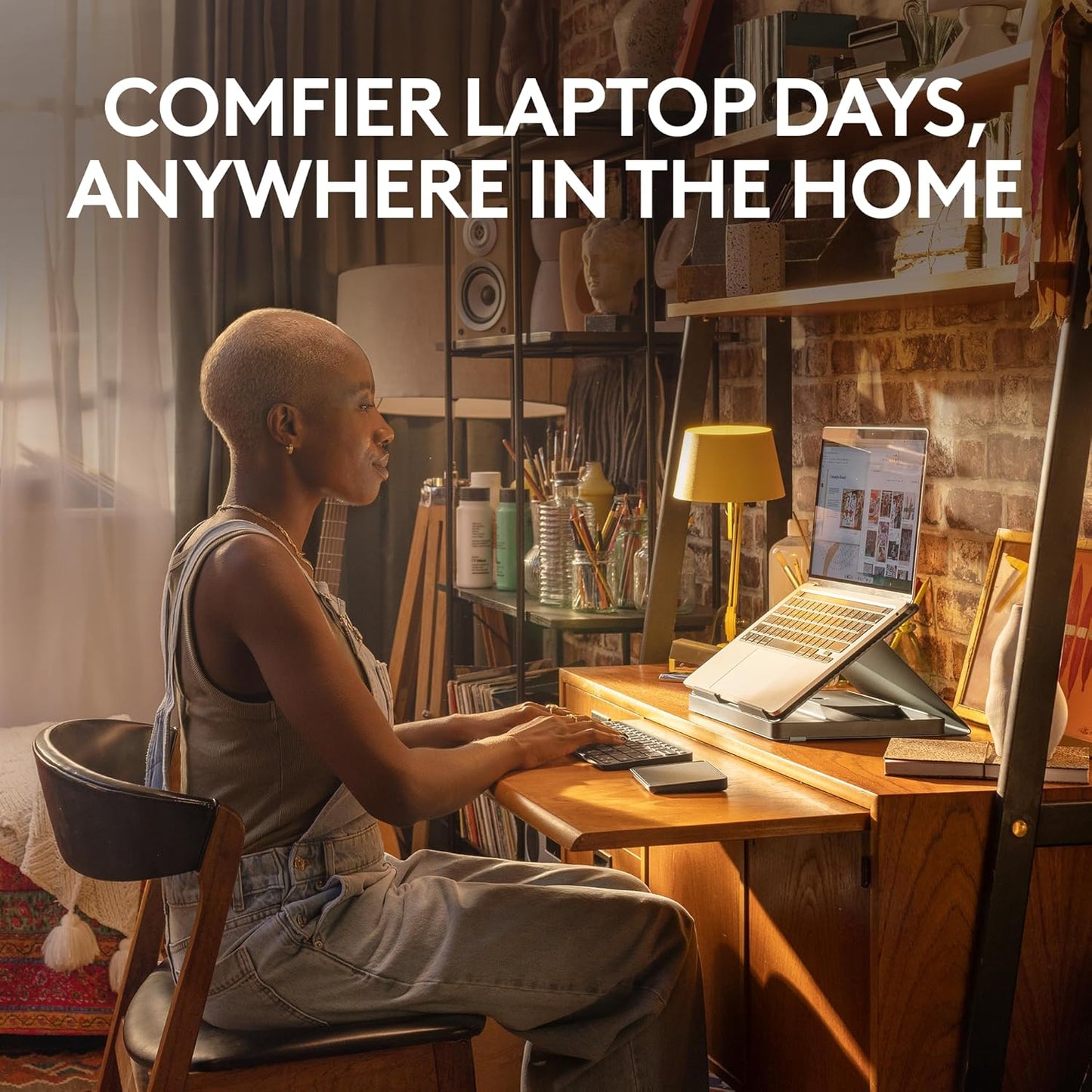 Logitech Casa Pop Up Desk Kit - Adjustable Laptop Stand for Desks, Wireless Keyboard & Touchpad, Bluetooth, USB C Charging, Classic Chic, Green/Black