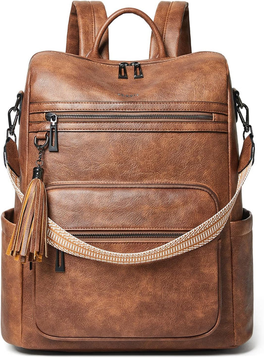 Shrrie 15.6 inch Laptop Backpack for Women,Large Leather Backpack Purse,Travel,Carry on,Water Resistant Casual Laptop Backpacks,College Backpack,Work Backpack for Women,Two-toned Brown