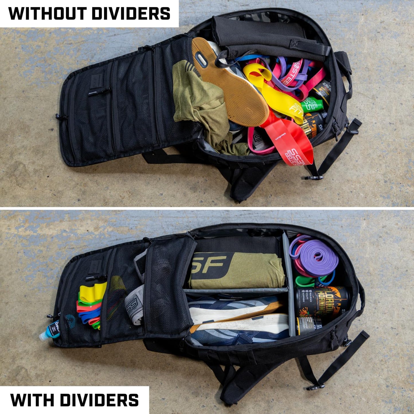 SERIOUS STEEL FITNESS Gym Bag, Rip-Resistant Fabric, Heavy Duty (Black, Backpack (Pro-Mini (26L) with Dividers))