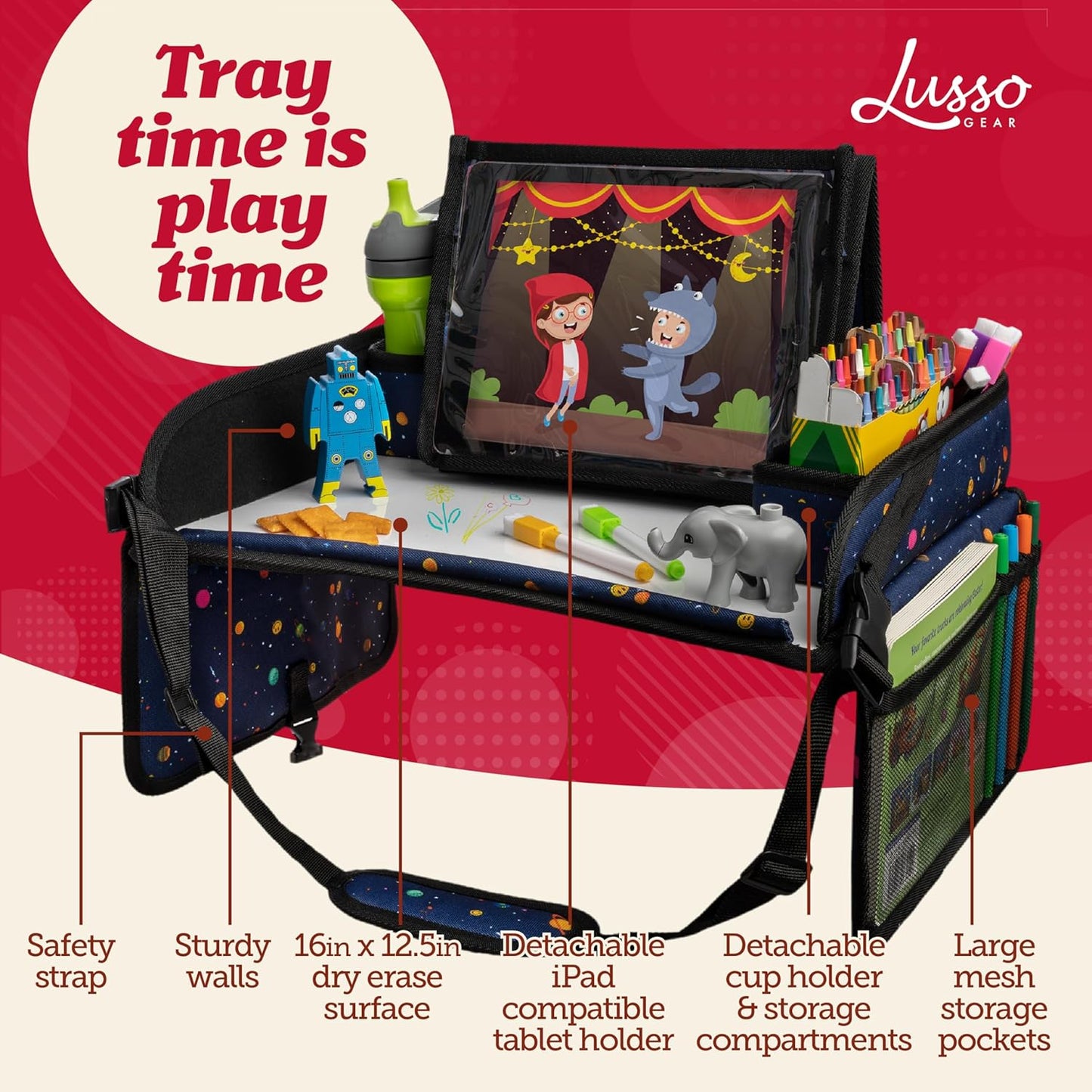 Lusso Gear Car Seat Activity Tray - 600D Oxford Cloth, Planets - Toddler Lap Tray for Kids with Tablet Holder, Dry Erase Top, Mesh Pockets & Cup Holder - Travel Accessories & Airplane Seat Organizer
