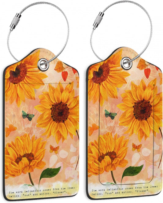 Sunflowers Luggage Tags Set of 2 Butterfly Retro Leather Suitcase Tags with Stainless Steel Loop and Privacy Cover for Women Men Travel Luggage Accessories