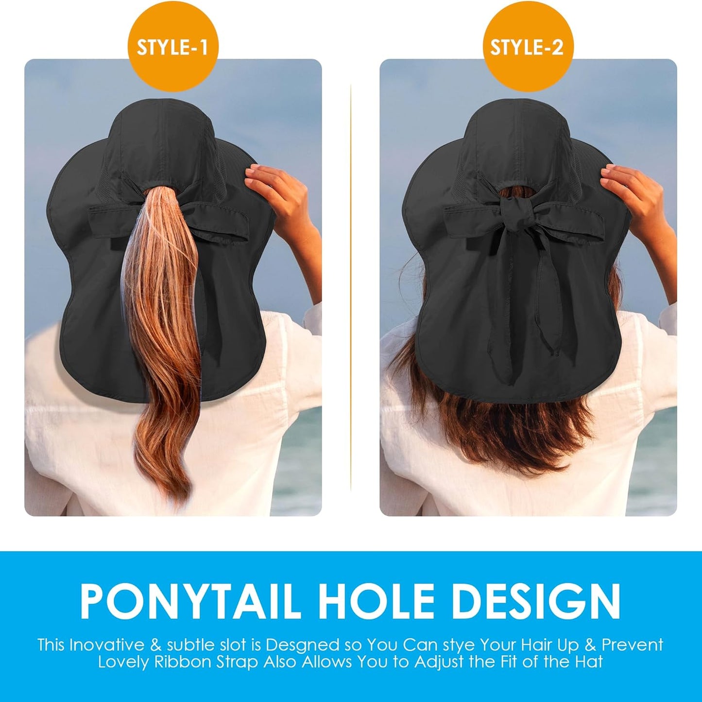 Womens Sun Hat UV Protection, Foldable Waterproof Wide Brim Bucket Hats with Neck Flap for Summer Beach Fishing Hiking