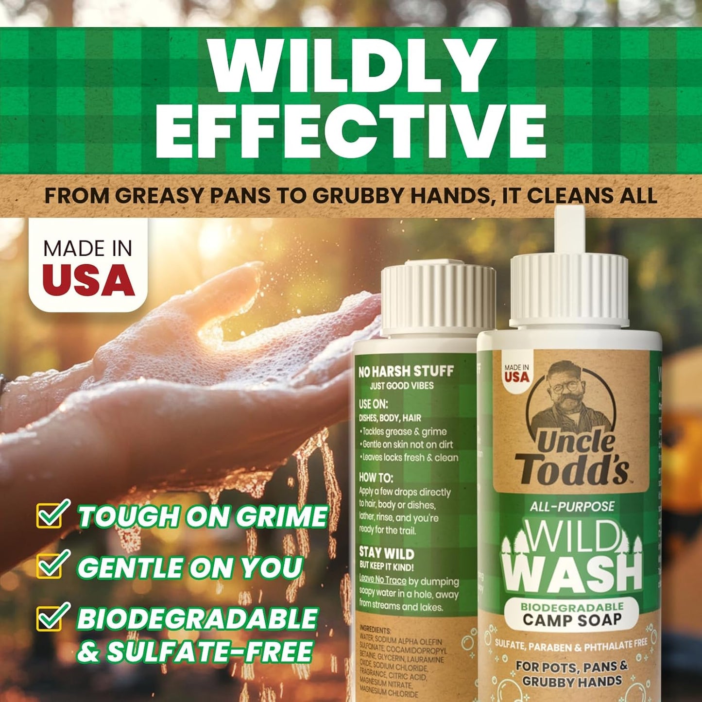 Uncle Todd's Wild Wash Biodegradable Soap, Camping Soap Ideal for Dishes, Body, Hands, and Clothes - 4oz, Sage Scent