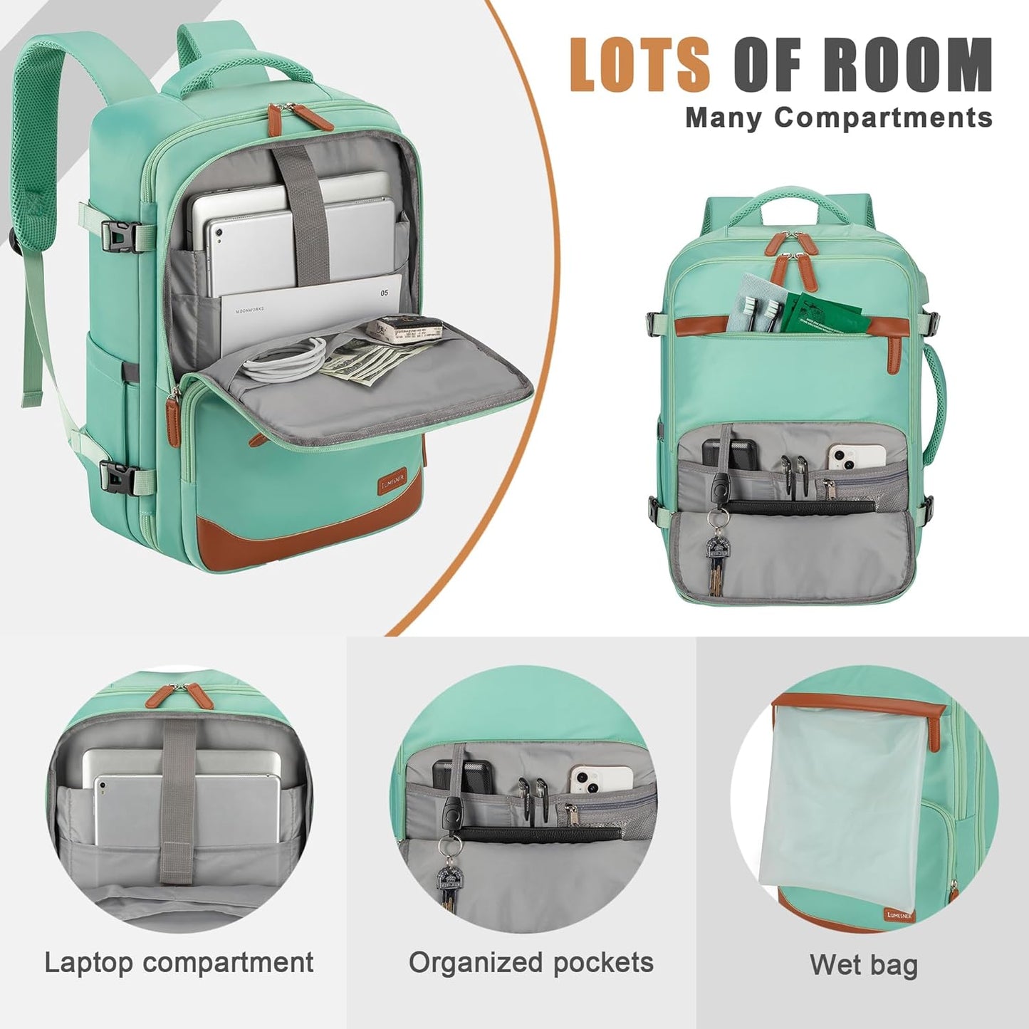 40L Travel Backpack with USB Charging Port, Water-Resistant Carry On Backpack for Men Women, Business Laptop Backpack for Trips & Commutes, Fits 15.6/17.3 Inch Laptop