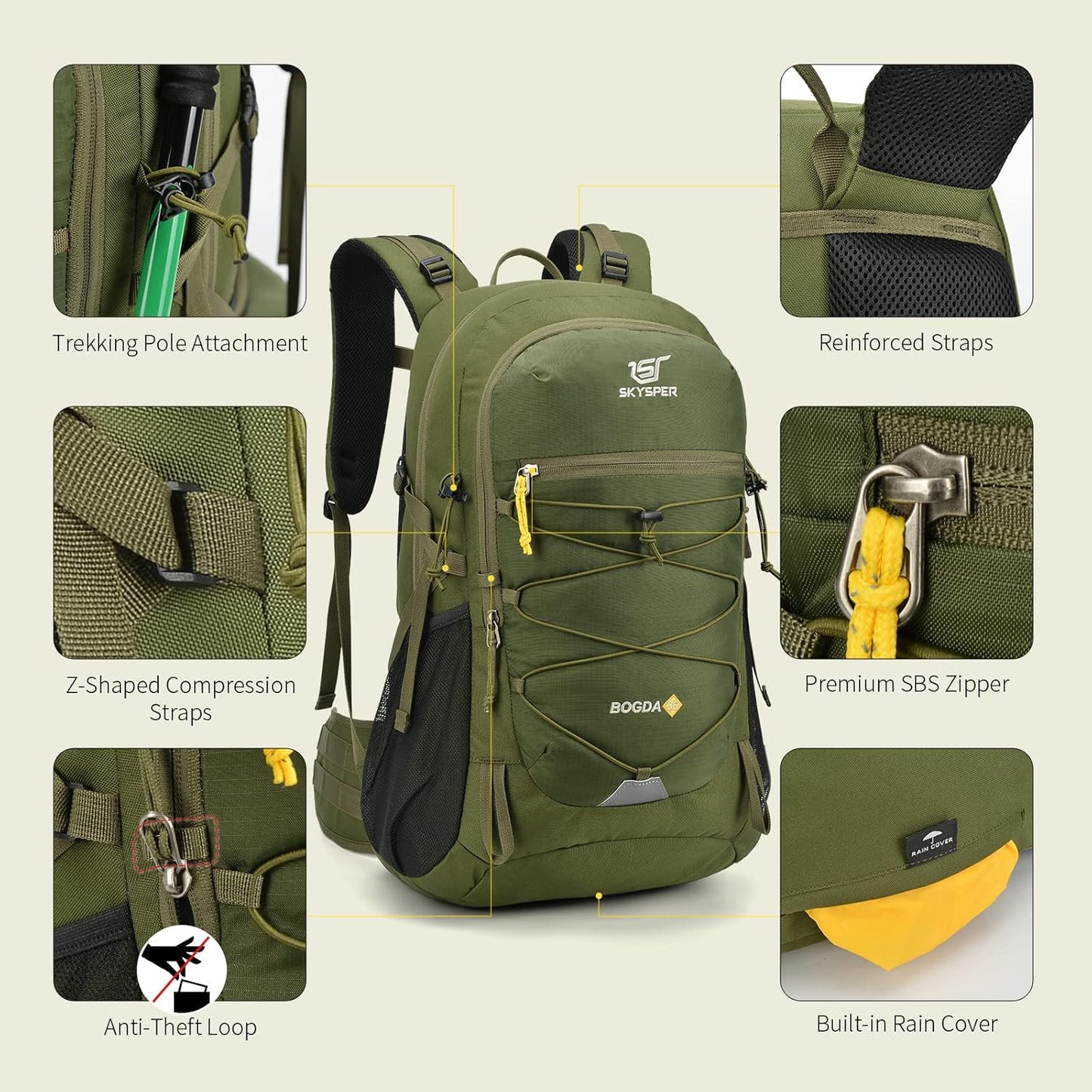 SKYSPER Hiking Backpack for Men Women, 35L Travel Backpack Waterproof Camping Backpack Outdoor Lightweight Daypack