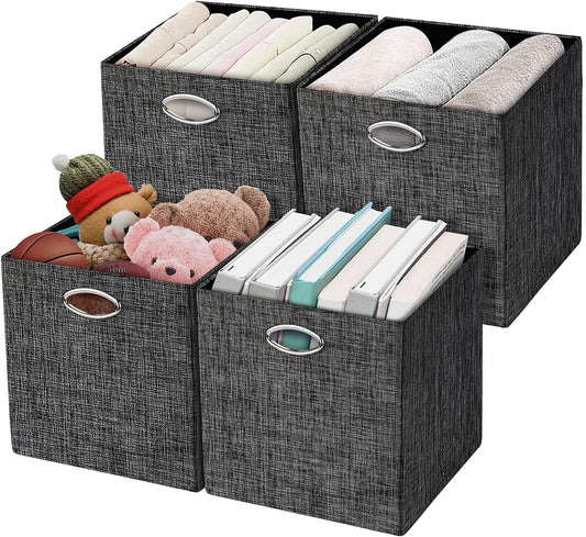 Posprica Storage Cubes,12×12 Storage Bins ,Foldable Storage Baskets Fabric Drawers Containers for Shelf Cabinet Bookcase,Thick and Heavy Duty (4pcs, black)