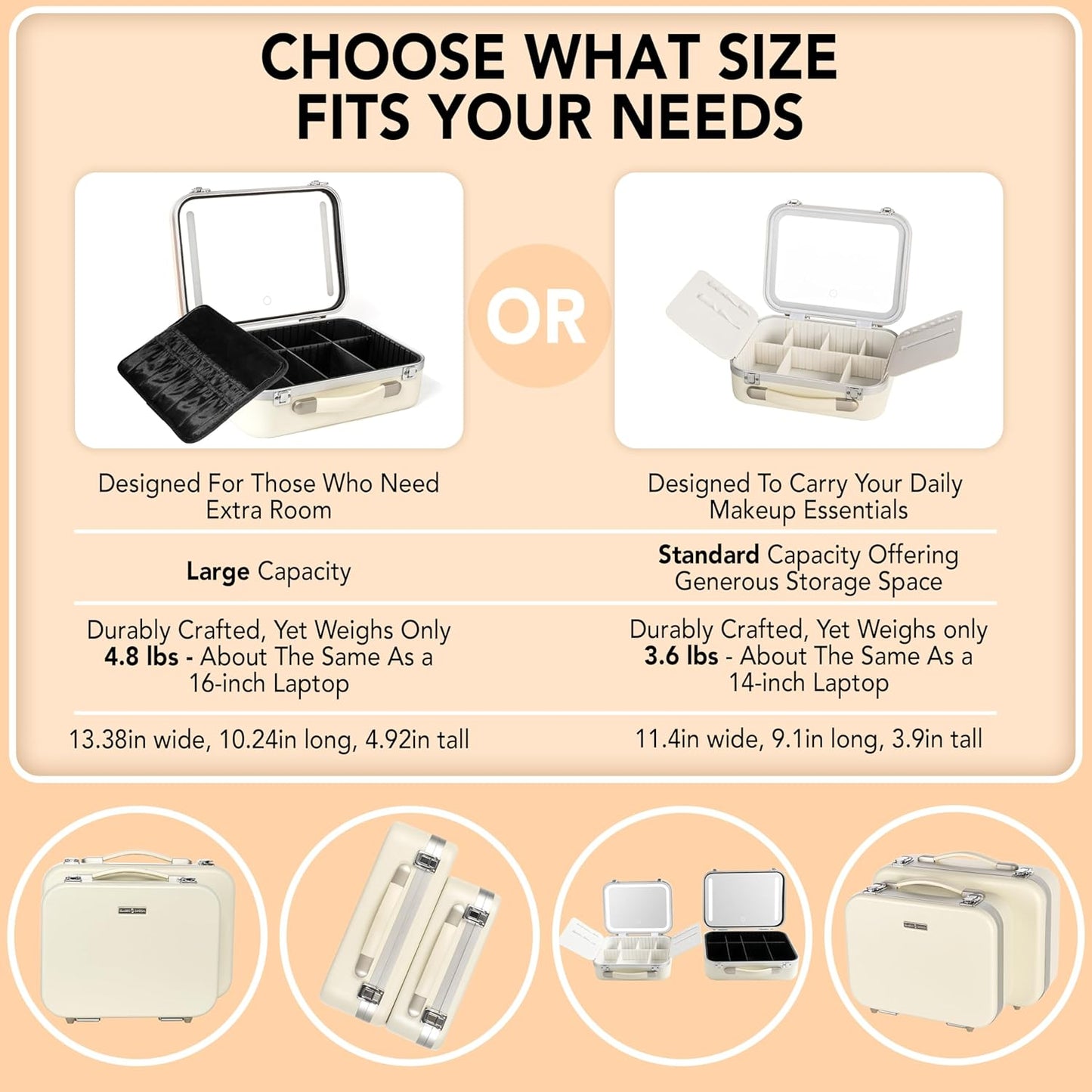 Lighted Makeup Case with Mirror - Standard Size 11.4" x 9" - Travel Makeup Train Case With Mirror - Rechargeable LED Travel Vanity Case with Adjustable Brightness - Train Case Makeup Bag - White