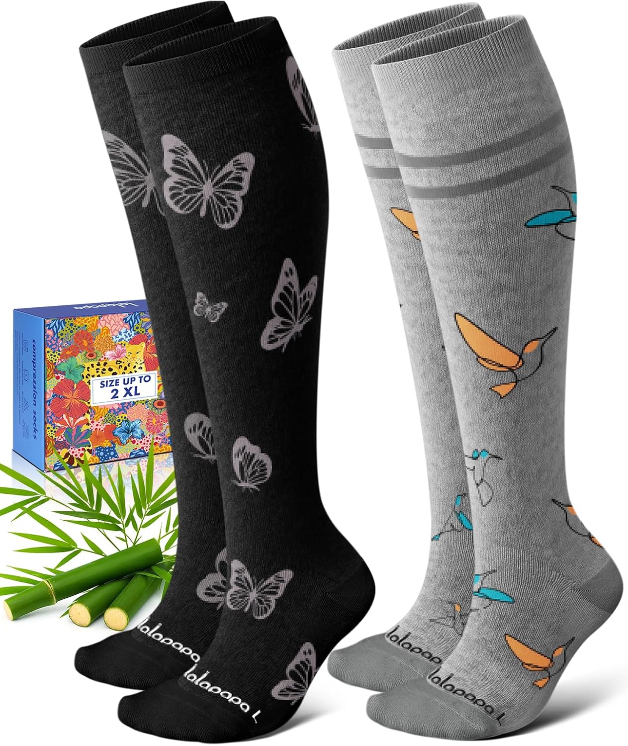 Bamboo Viscose Compression Socks for Women Men 2 Pairs 15-20mmHg Knee High Compression Socks Travel Nurse
