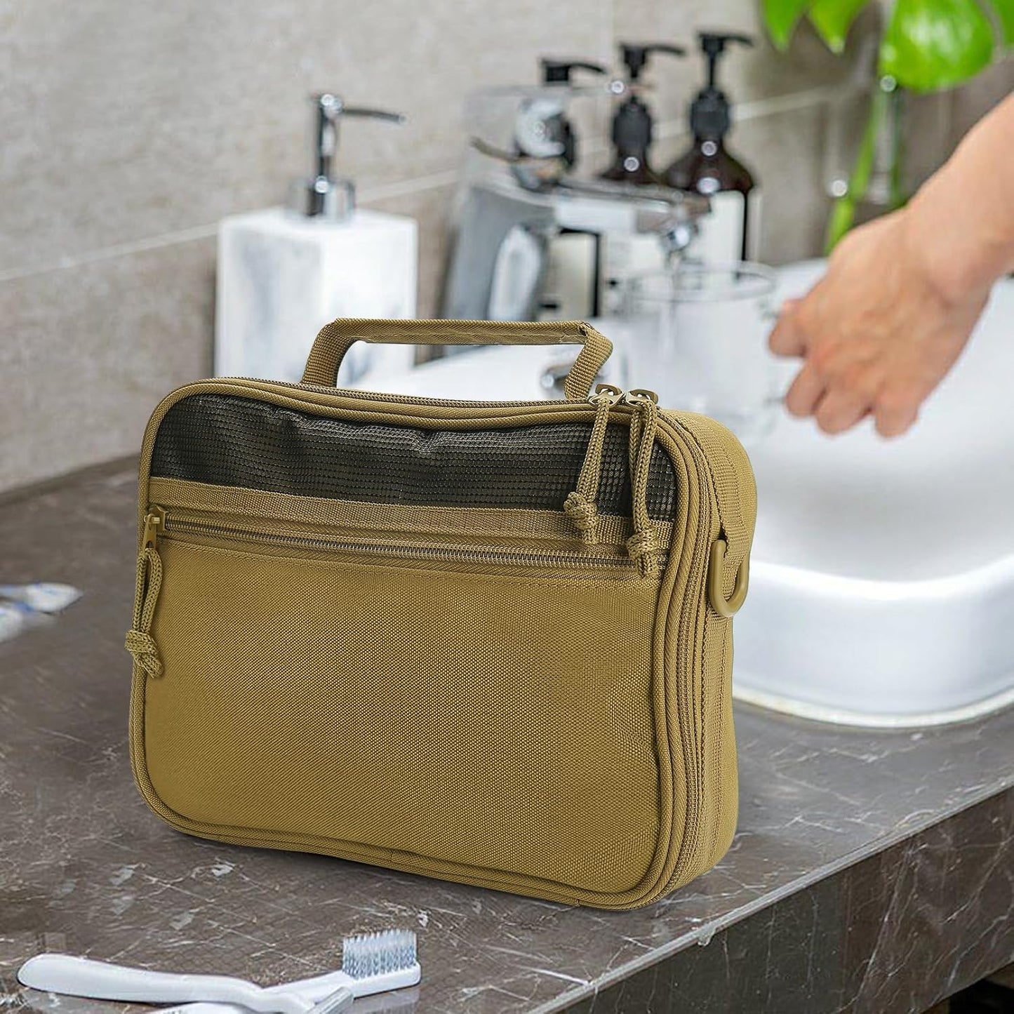 SUNRISING Tactical Toiletry Bag for Men - Hanging Travel Dopp Kit, Shaving Hygiene Organizer, Durable Bathroom Essentials for Short Trips & Camping Khaki（No molle）