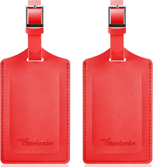 Travelambo Luggage Tags for Suitcases Faux Leather Privacy Protection 2 Pack Bag Tags Travel Accessories Essential, Classic Red