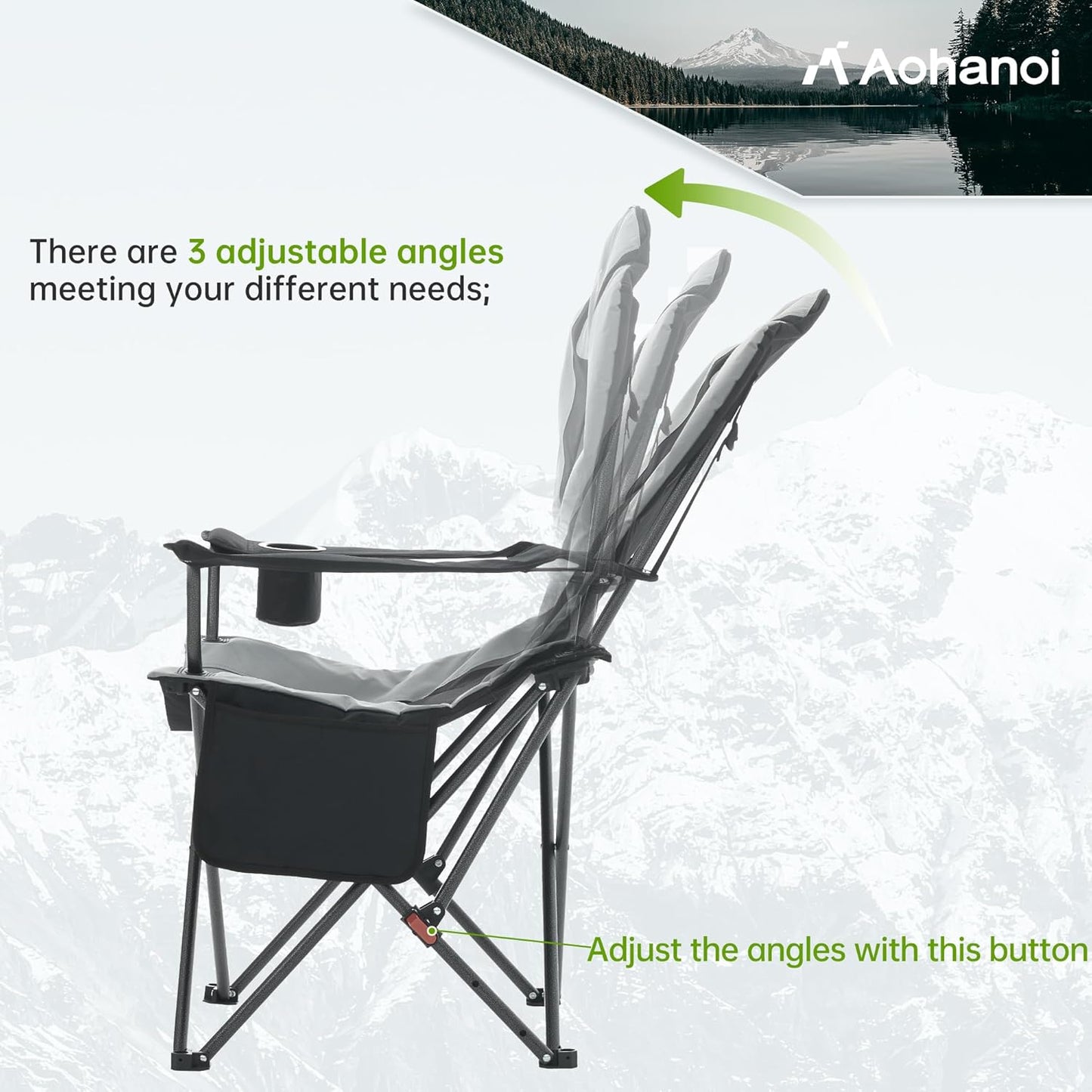 Camping Chairs, Portable 2 Pack Camp Chairs for Heavy People with Adjustable Angled Backrest, Outdoor Folding Camping Chairs for Outside Supports up to 350lbs, Carry Bag Included