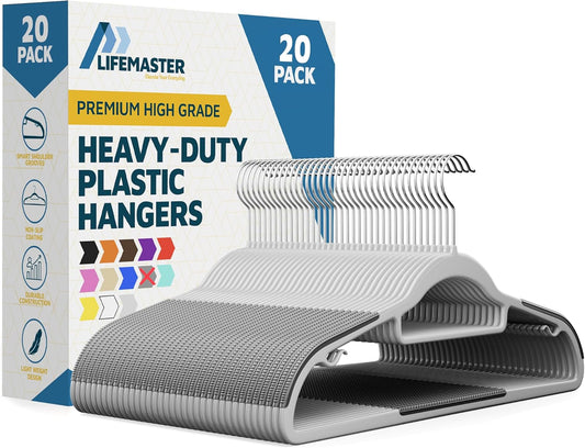 Lifemaster Plastic Clothes Hanger Set - 20 Pieces Versatile, Lightweight, Space-Saving, Non-Slip, Slim Designed, Dry and Wet Clothes Hanger Set with 360° Swivel Hook and Rubber Coating - Gray