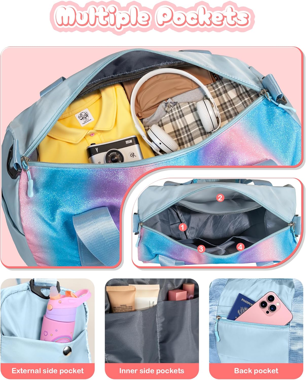 Birthday Gifts for Granddaughter-Girl Gym Bag with Shoe Compartment, Kid Personalized Weekender Overnight Bags, Initial Travel Tote with Makeup Pouch Valentine's Day Gift for Kids (Letter I)