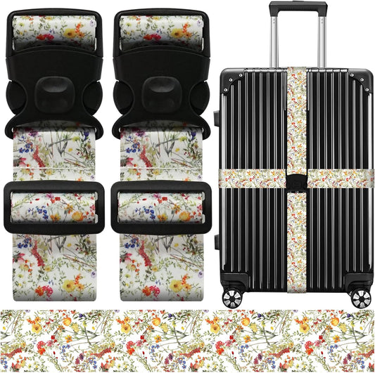 Luggage Straps for Suitcases, Travel Adjustable Belt with Quick Release Buckle, Heavy Duty Nylon Bag Packing Strap, Unique Bright Identifiers Business Travel Accessories (2 Pack) - Yellow Flowers