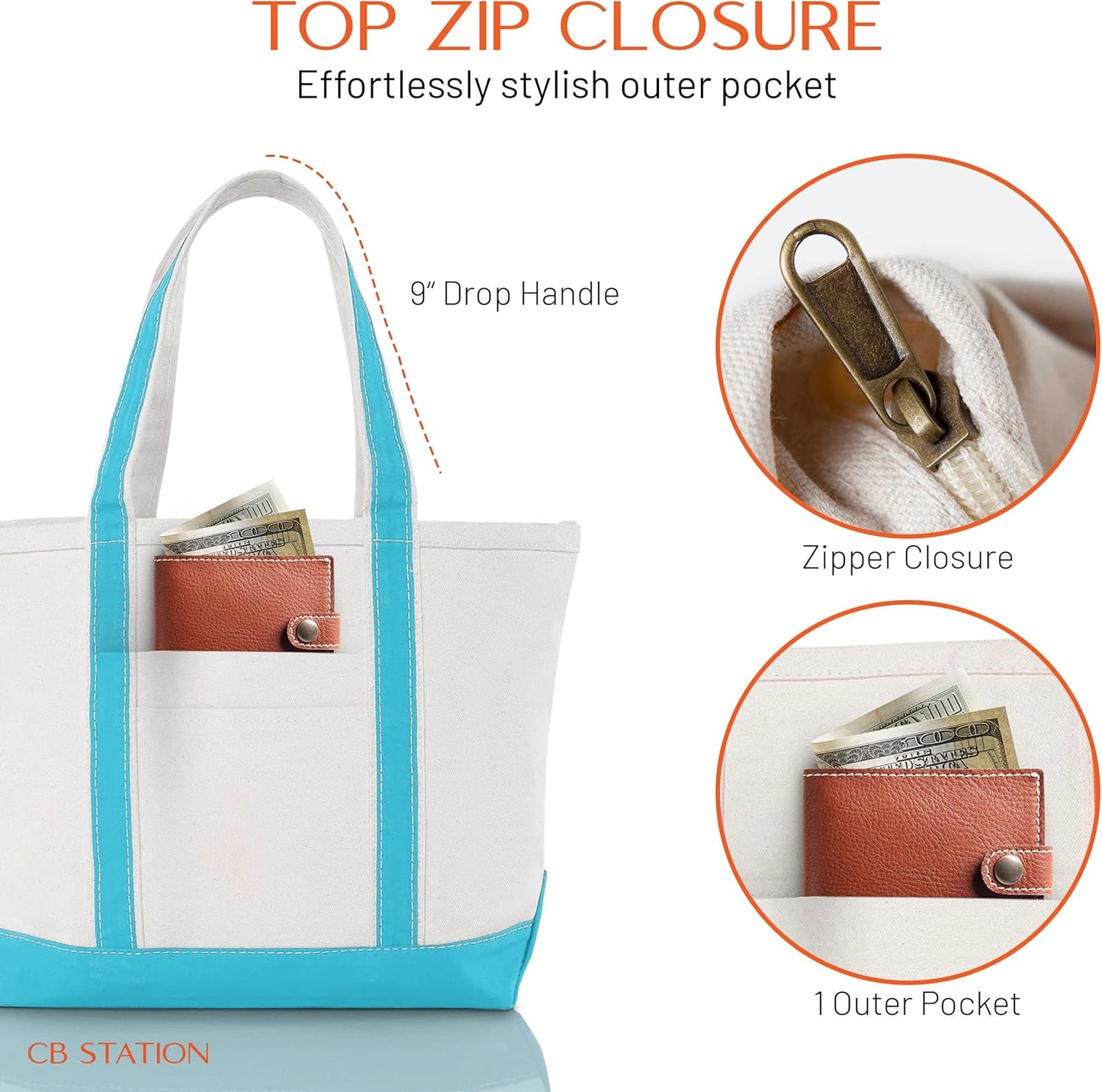 CB STATION Medium Classic Canvas Tote Bag for Women, Top Zipper Closure, Outer Pocket, Daily Essentials, Groceries, Traveling