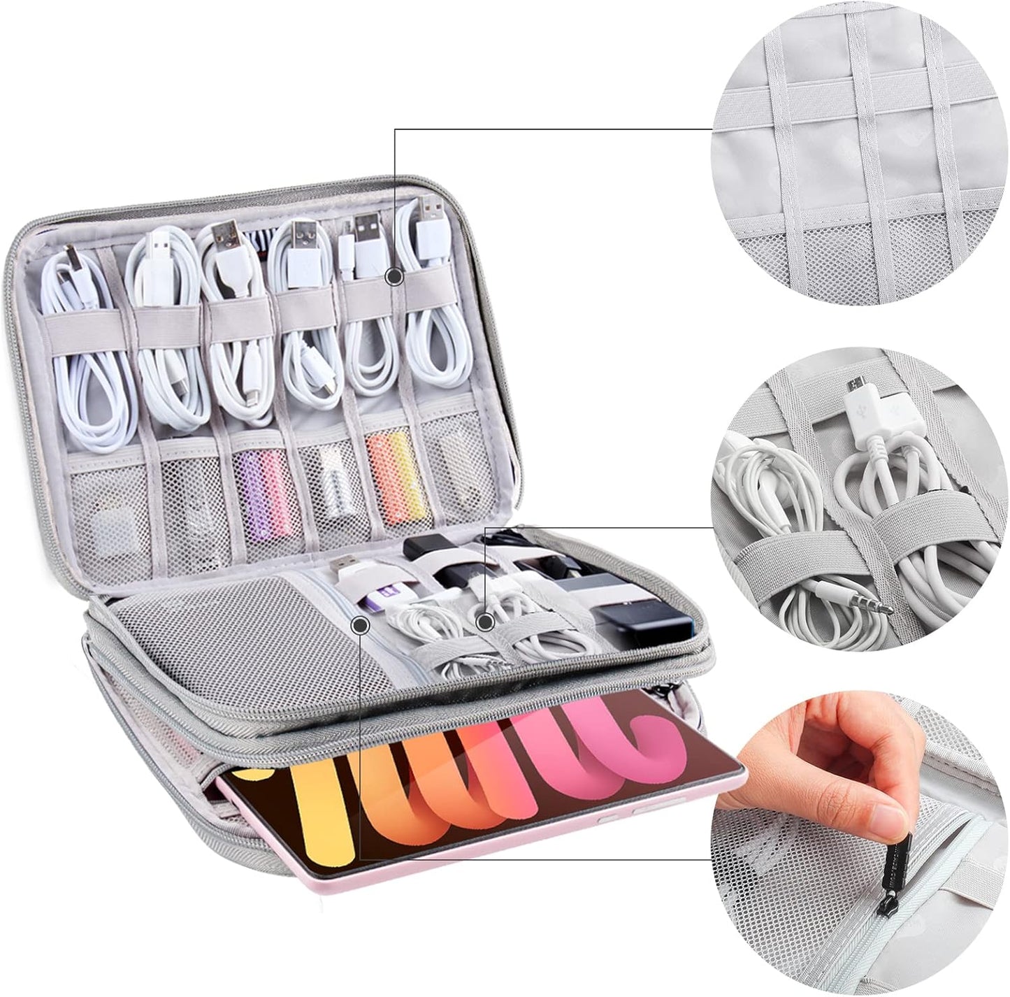 Electronics Organizer Travel Case Cord Cable Charger Organizer Bag Travel Accessories Essentials for Women Men Double Layers Tech Pouch with 5 Cable Ties for Phone Power Bank SD Card USB, Grey