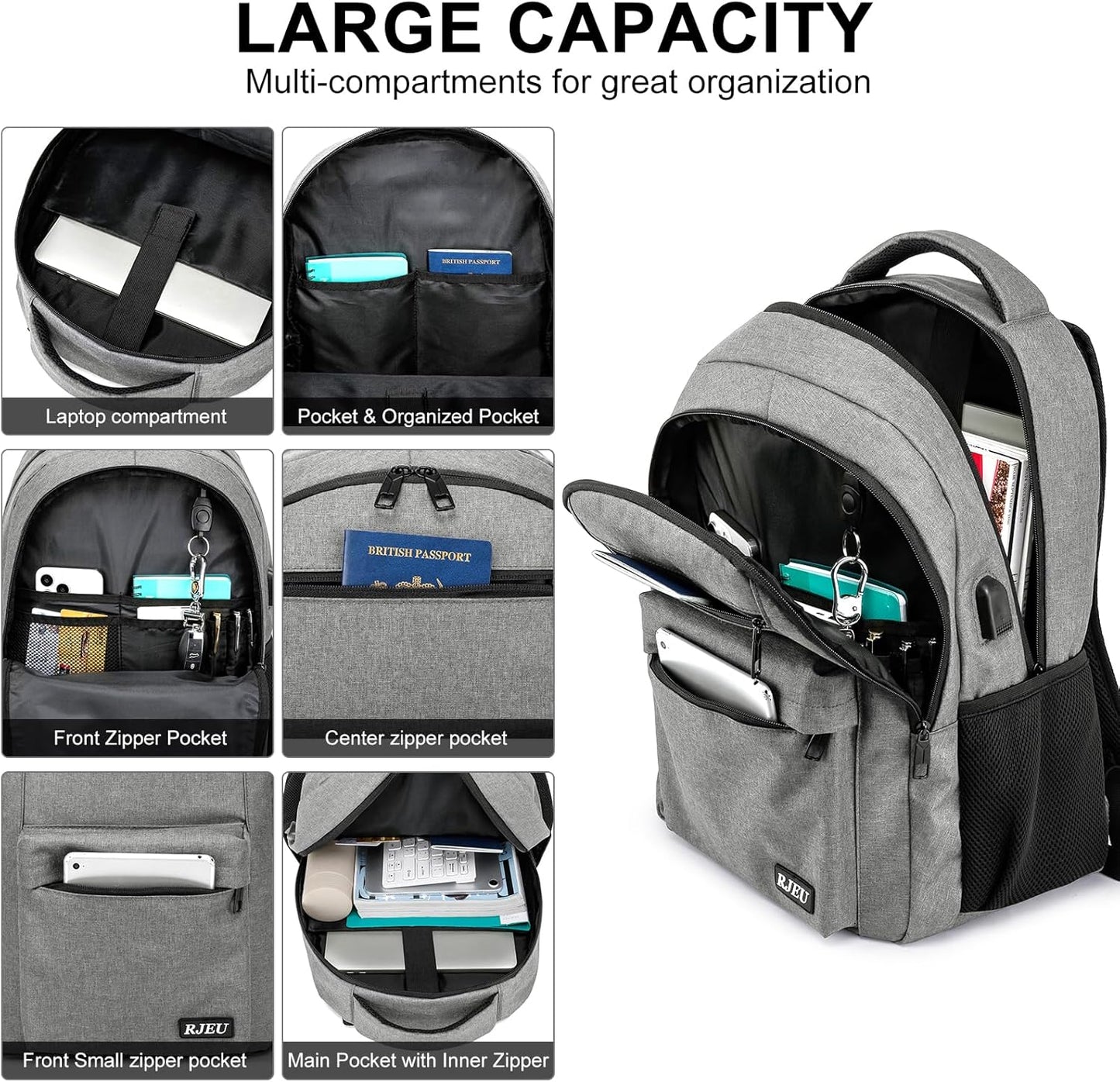 School Backpack for Teen Boys & Girls Students, 15.6 Inch Laptop Backpack with USB Charging Port - College Business Travel Bookbag, Grey