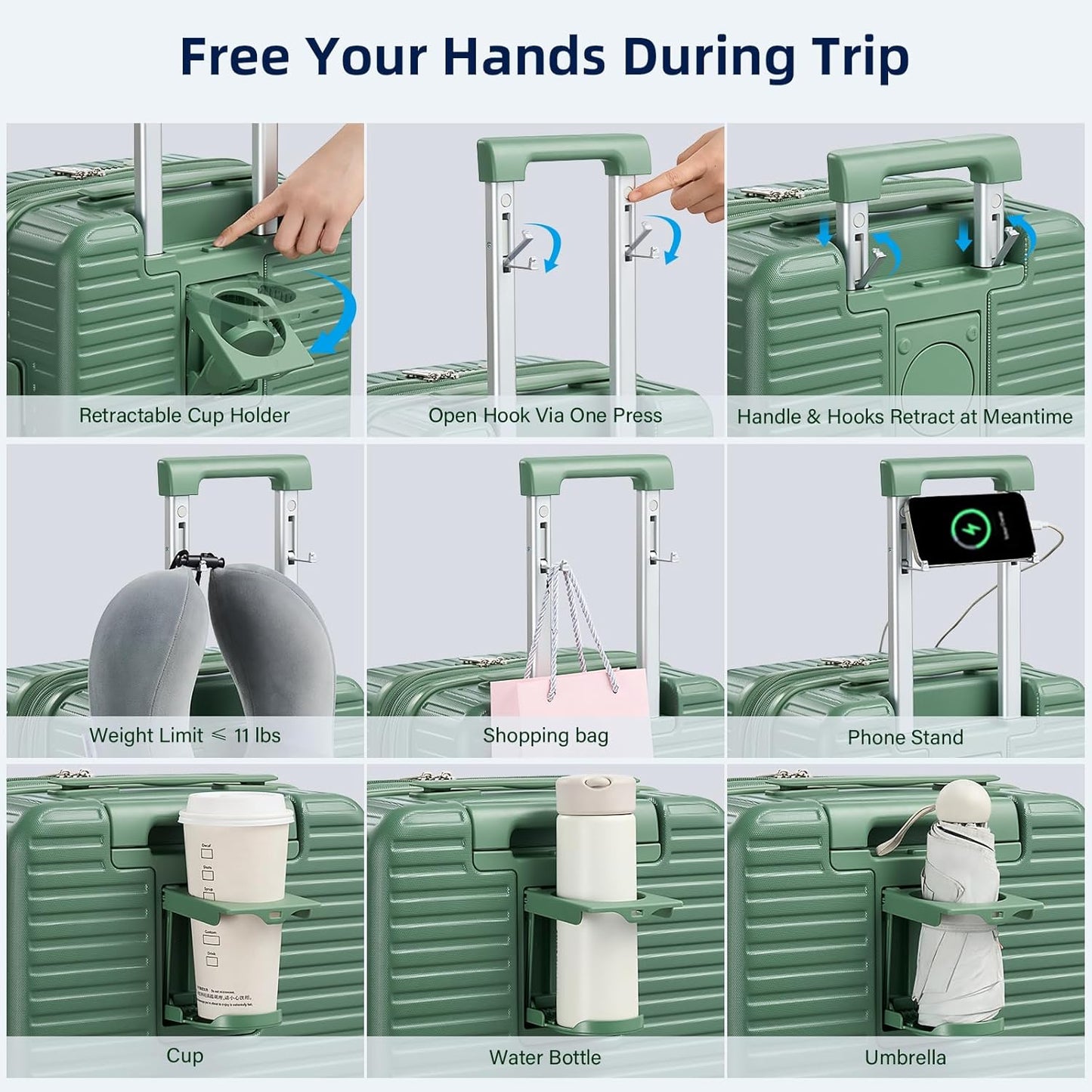 Hard Shell Suitcases Expandable Travel Luggage Sets 2 Piece, Carry on and Check in Luggage Lightweight Suitcase Set 2 Piece with Wheels Cup Holder Charger Built in (Forest Green, 20/28)