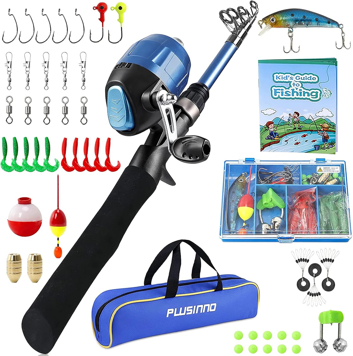 PLUSINNO Kids Fishing Pole with Spincast Reel Telescopic Fishing Rod Combo Full Kits for Boys, Girls, and Adults