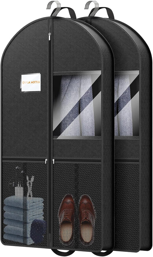 Garment Bag Travel Hanging Clothes: 43 Inch 2 Packs Fabric Breathable Foldable Zippered Pockets - Closet Storage Cover Packable - Men's Suit Shirts Uniform Jacket Jersey Tuxedo