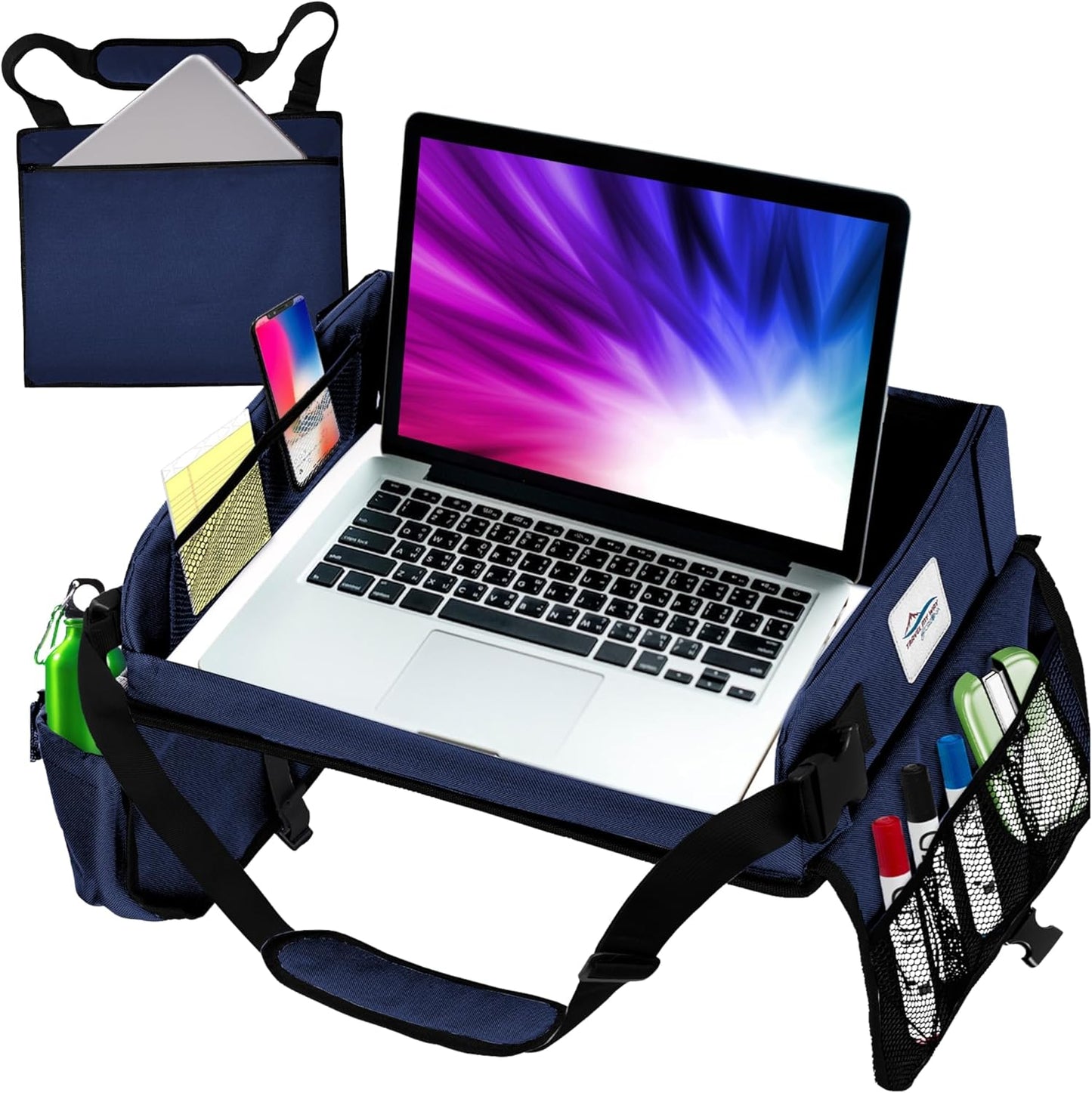 Travel Lap Desk, Travel Tray, Portable Lapdesk for Car, Remote Work, Road Trips, School, Laptop Pad with Storage Pocket, Tablet Holder, Shoulder Strap, Fits up to 15.6-Inch Laptop (Navy)