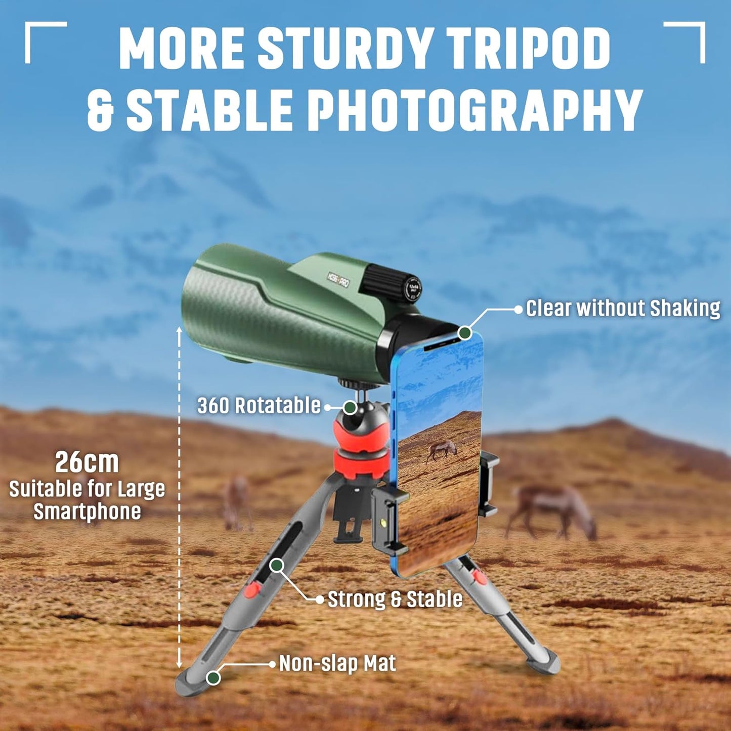 Monocular Telescope - 12x56 High Powered, Compact, Dust-Proof, Waterproof, Handheld Scope with Smartphone Adapter and Metal Tripod - Ideal for Hunting, Stargazing, Birdwatching, and Outdoor Adventures