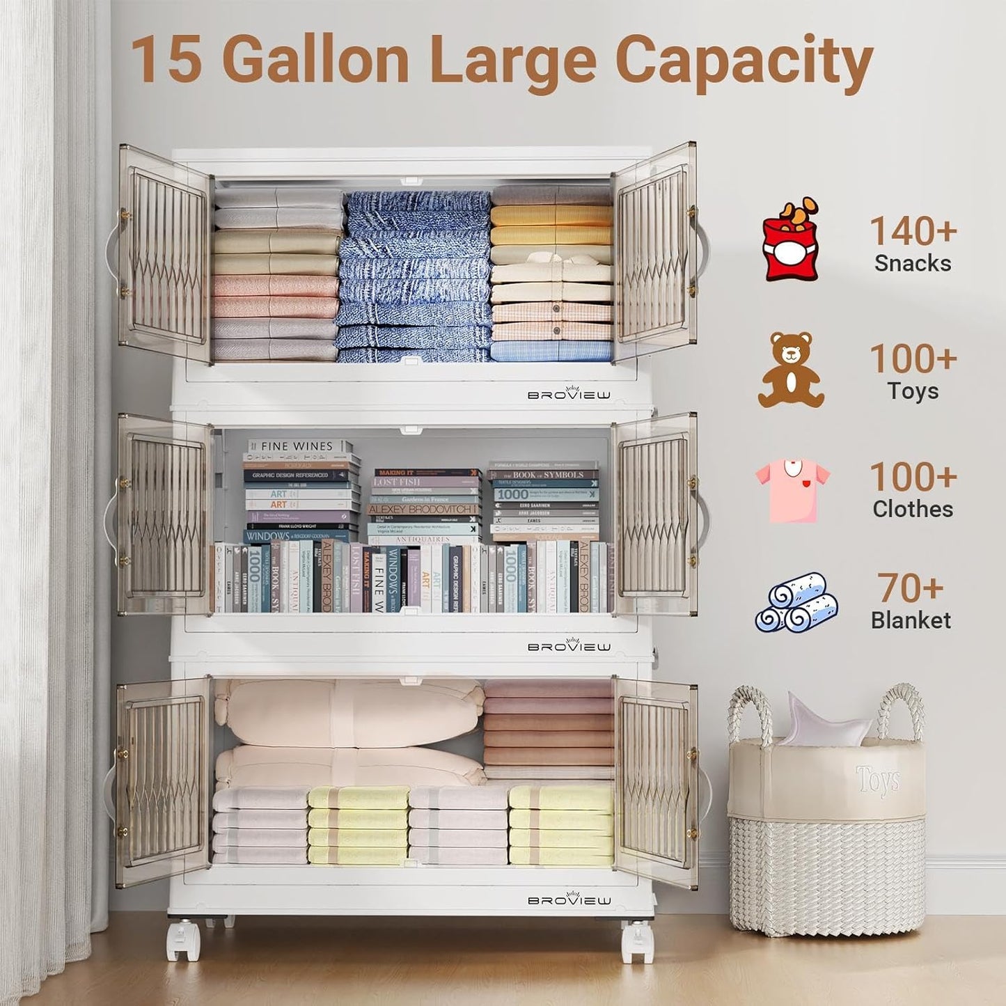 BROVIEW 180Qt Stackable Storage Bins with Lid, Extra Large Closet Organizer Collapsible Drawer Boxes with Wheels, Folding Plastic Cabinet Containers for Home Kitchen Room Organization, 3Pack White