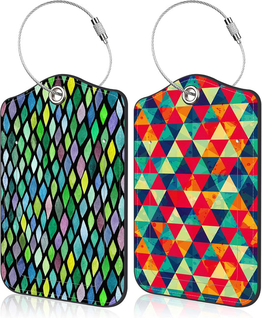 Set of 2 Luggage Tags for Suitcase Watercolor Rhombs and Colored Triangle Leather Baggage Tags Set with Stainless Steel Loop Name Address Labels Privacy Cover for Men Women Travel Bag Suitcase