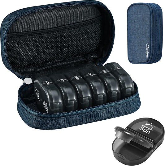 Serfeymi Weekly Travel Pill Organizer 2 Times A Day AM PM Upgraded Black Pill Box 7 Day with Portable Zipper Canvas Pill Case, Medicine Organizer for Pills, Vitamins, Supplements, Fish Oils - Blue 01