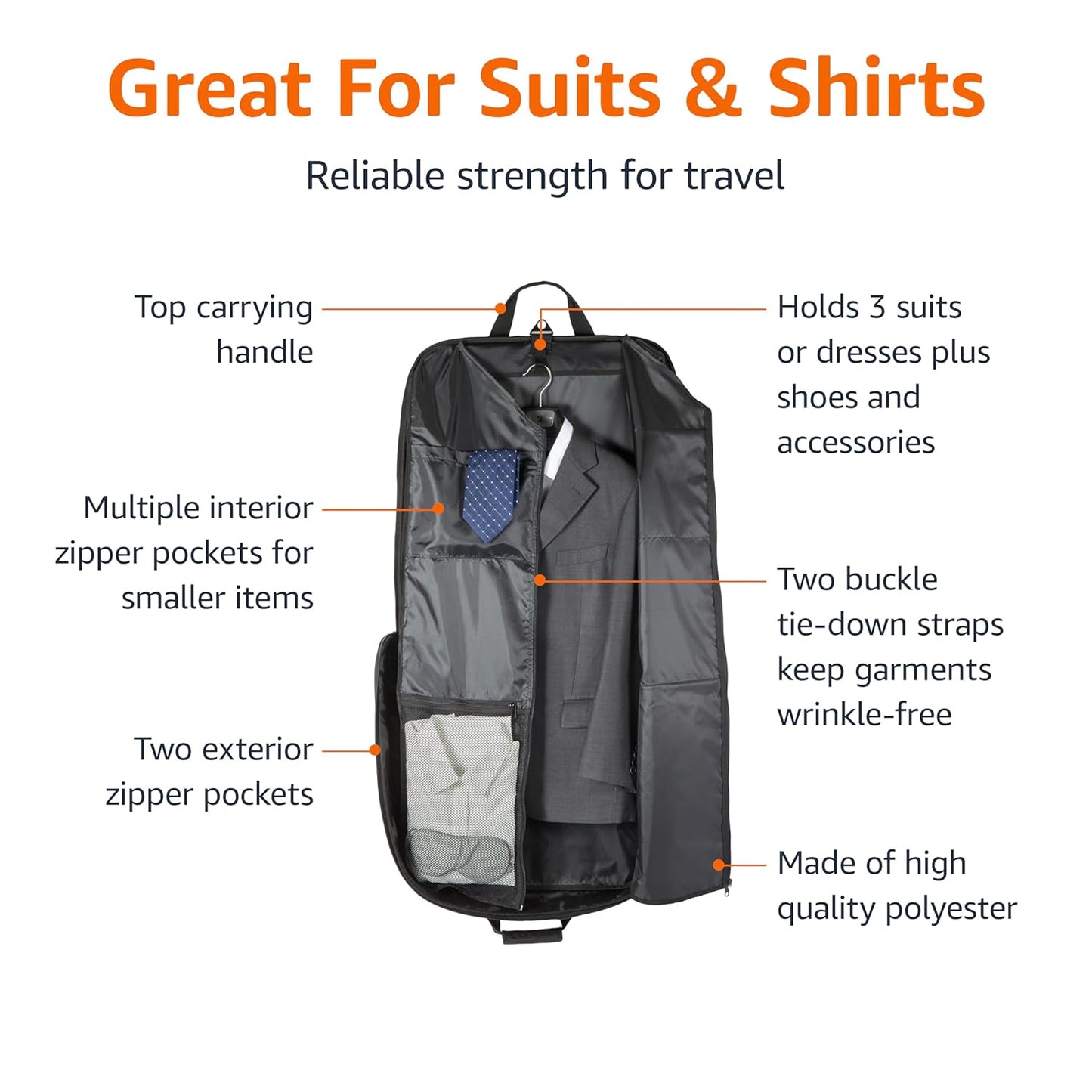 Amazon Basics 43" Premium Garment Bag for Travel, Suit Bag with Shoulder Strap for Suits and Dresses, 1680D Polyester Fabric, Exterior/Interior Pockets, Leather-reinforced Corners, Trifold, Black