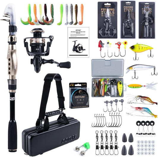 Goture Fishing Rod and Reel Combo - Carbon Fiber Telescopic Fishing Pole - Spinning Reel 9+1 Shielded Bearings Stainless Steel BB - E