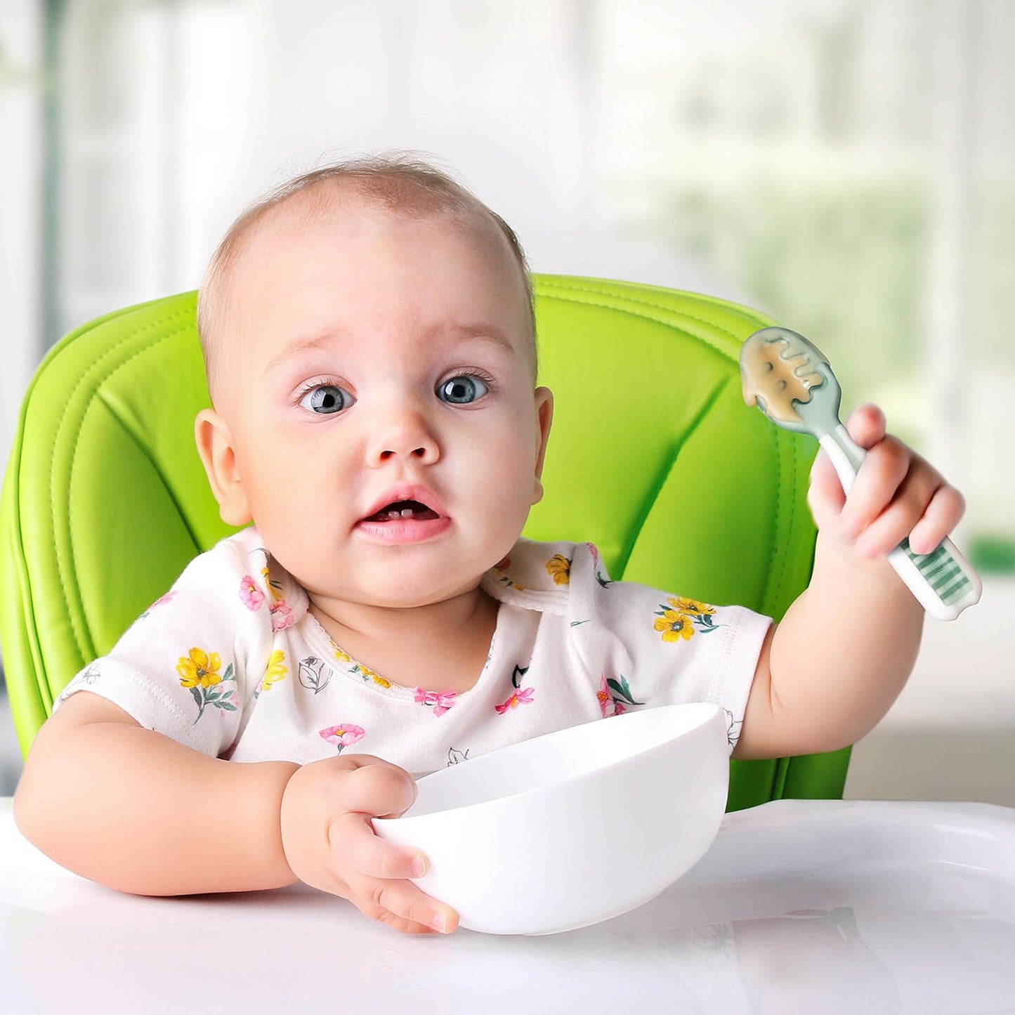 NumNum Baby Spoons Set, Baby Essentials Pre-Spoon GOOtensils for 6+ Months, First Stage Self-Feeding Spoons for Baby Led Weaning (BLW), Silicone Toddler Utensils, BPA-Free, 2 Pack Gray/Green