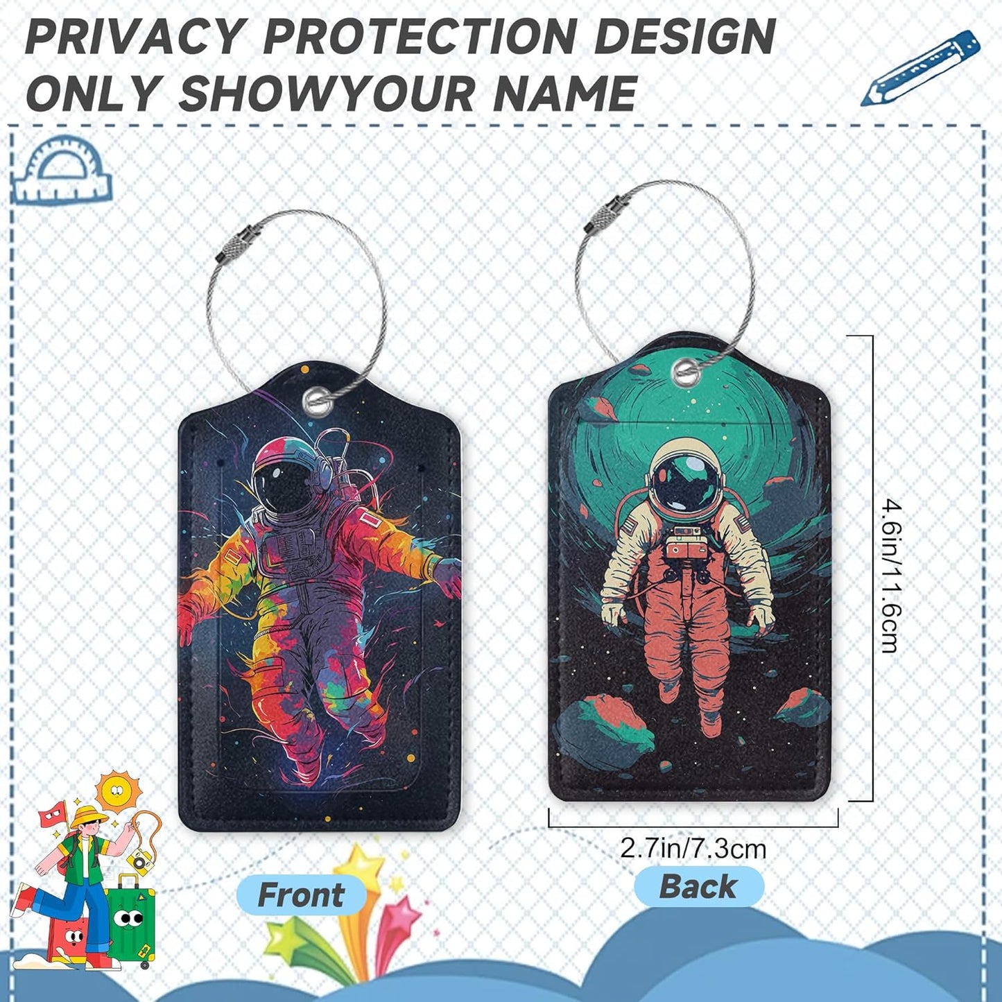 Set of 2 Luggage Tags for Suitcases, Leather Astronauts in Space Baggage Tags with Stainless Steel Loop, Privacy Name ID Card Cover Kawaii Travel Labels for Women Men Kids Girls
