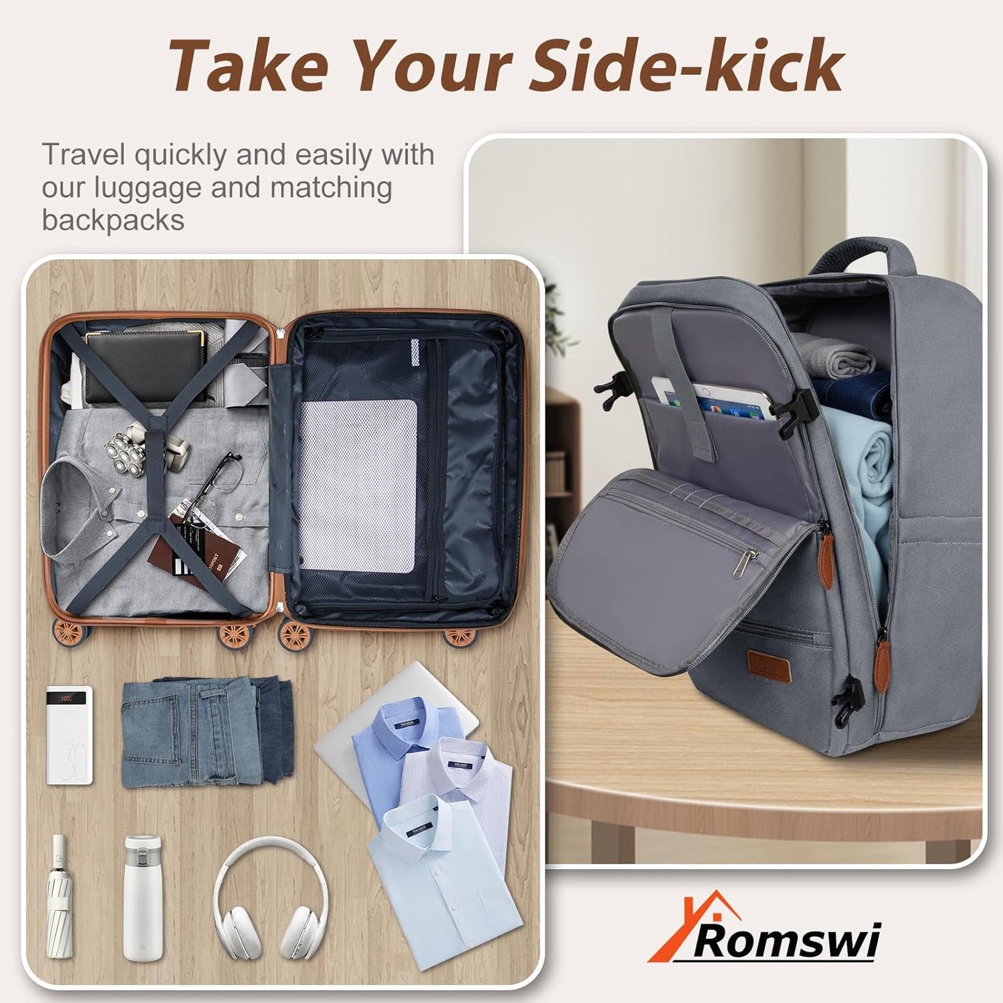 Romswi Luggage Sets 2 Piece, Expandable Carry On Luggage 20In with Travel Backpack, PC+ABS Hardside Suitcase Set with TSA Lock, Durable Carry On Suitcase with Spinner Wheels Silver