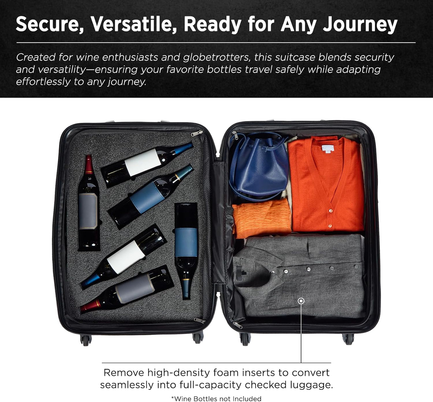 FlyWithWine® by VinGardeValise 12-Bottle Hard Shell Wine Suitcase with Hinomoto 360° Spinner Wheels – TSA Approved Wine Luggage with Removable Foam Insert and 18 Wine Accessories