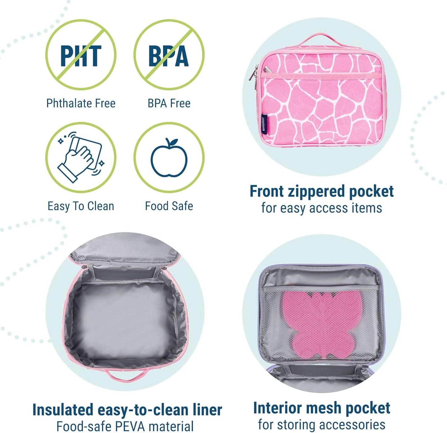 Wildkin Kids Insulated Lunch Box – Durable and Reusable for School & Travel - Pink Giraffe