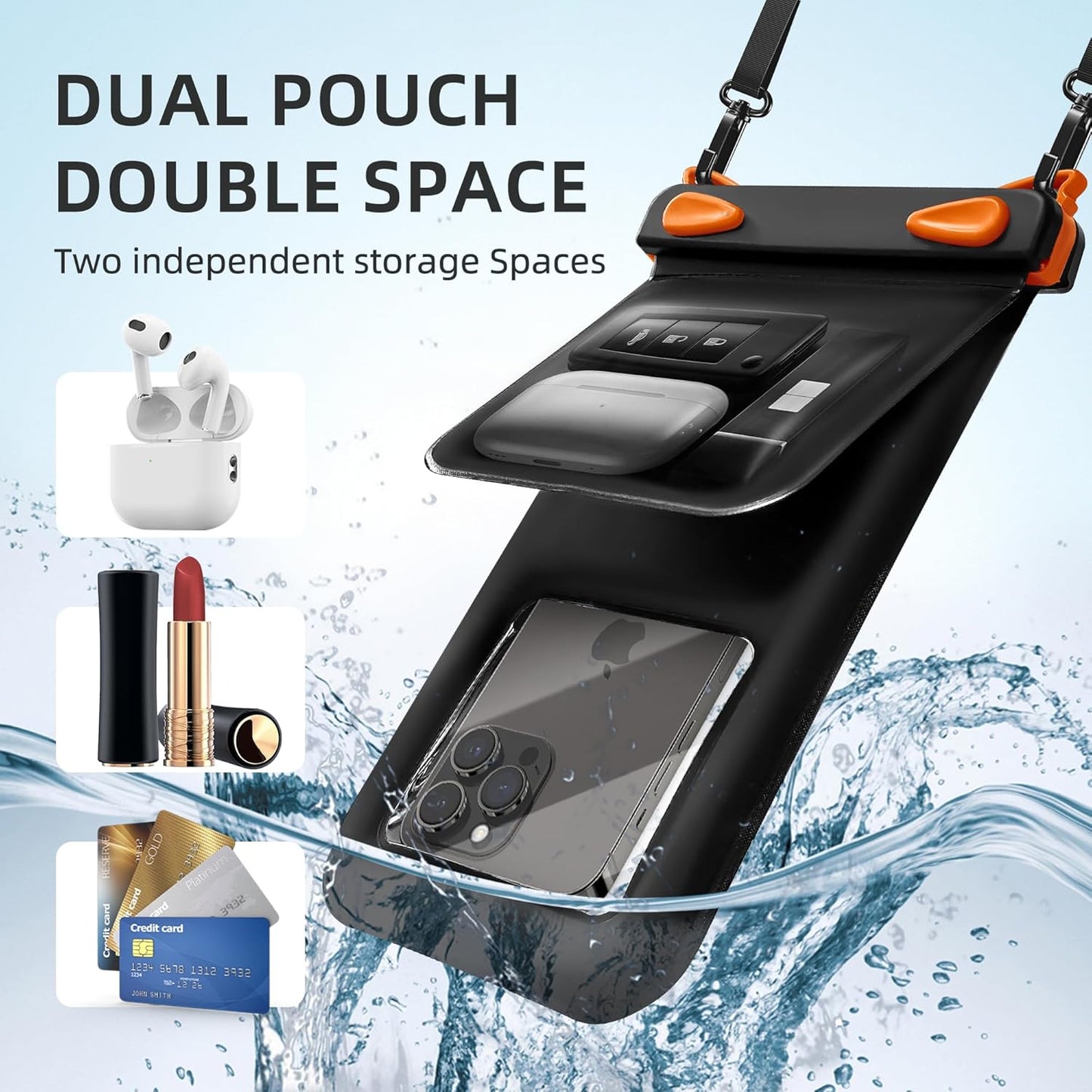 Waterproof Phone Pouch Double Pocket, Floating IPX8 8.5 inch Waterproof Phone Case for Beach Vacation Essentials for Compatible IPhone16 15 14 Pro Max Galaxy S25 S24 Ultra Phone Pouch Orange