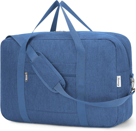 Carry on luaggage 22x14x9 Airlines Approved Foldable Carry on Bag Packable Duffle Overnight for Women and Men 40L (Navy Blue-1)
