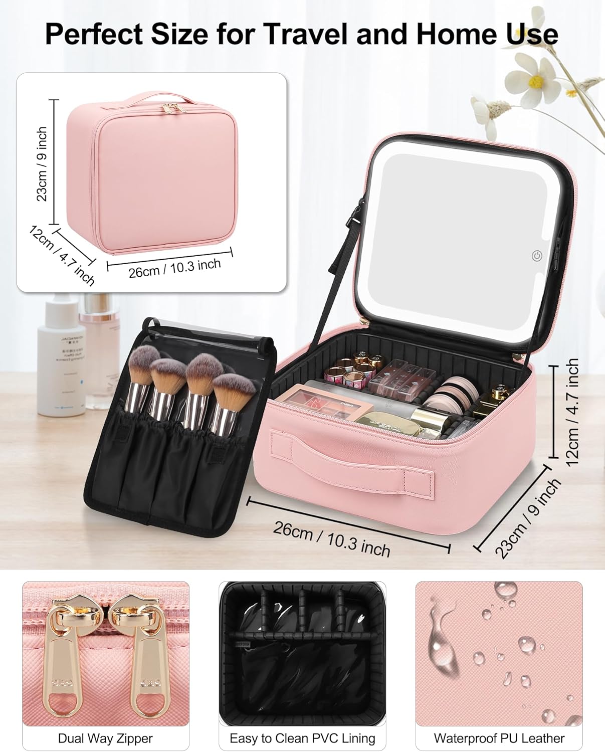 Chomeiu Makeup Bag with LED Mirror, Cute Cosmetic Bags Birthday Gifts for Girls Women, Makeup Train Case Artists Organizer Large Make Up Bags with Light Up Mirror 3 Color Lights, Pink