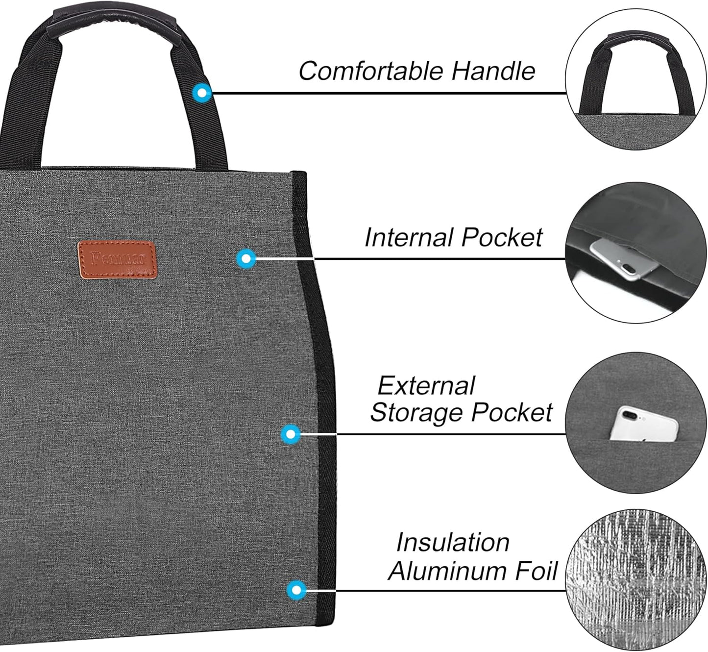 Lunch Bags for Women Insulated Reusable Lunch Tote with Internal Pocket, Lunch Tote bag for Work (Charcoal Grey)
