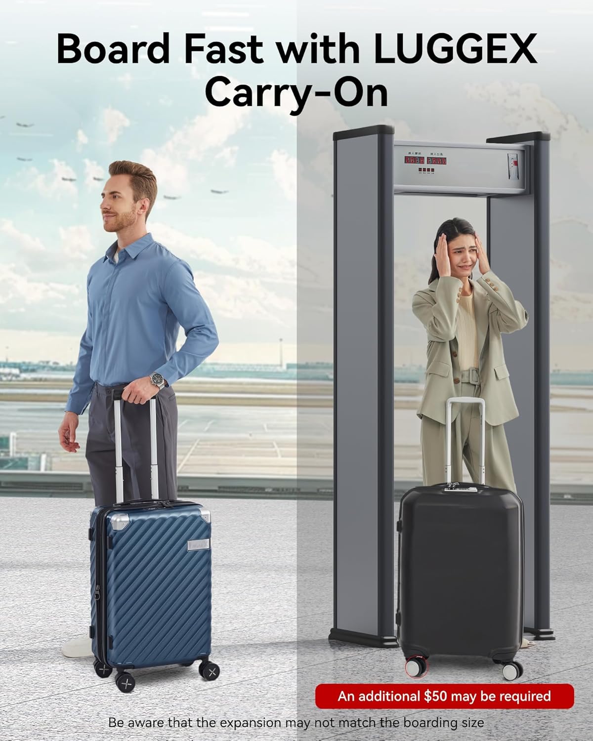 LUGGEX Luggage with Spinner Wheels, Polycarbonate Expandable Hard Shell Suitcase, Carry On 20 Inch, Black