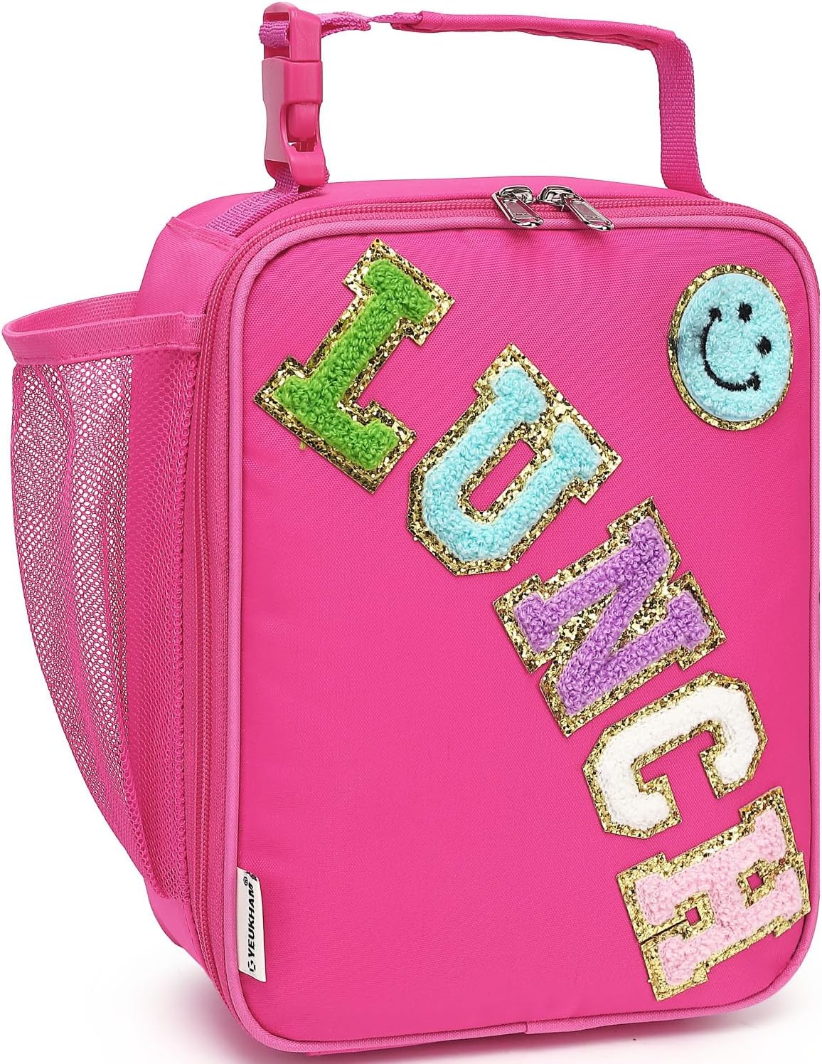 FlowFly Lunch box Insulated Soft Bag Mini Cooler Back to School Thermal Meal Tote Kit With Buckle and Mesh Side Pocket for Girls, Boys, RoseRedWithLetter