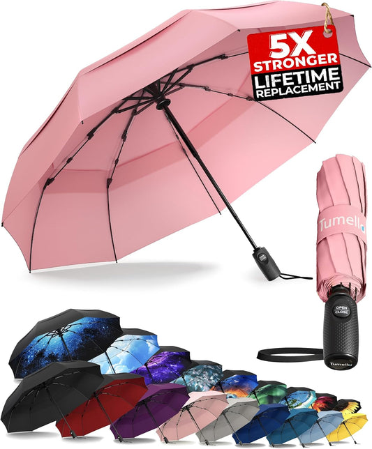 TUMELLA Strongest Windproof Travel Umbrella (Compact, Superior & Beautiful), Small Strong but Light Portable and Automatic Folding Rain Umbrella, Durable Premium Grip, Fits Car & Backpack