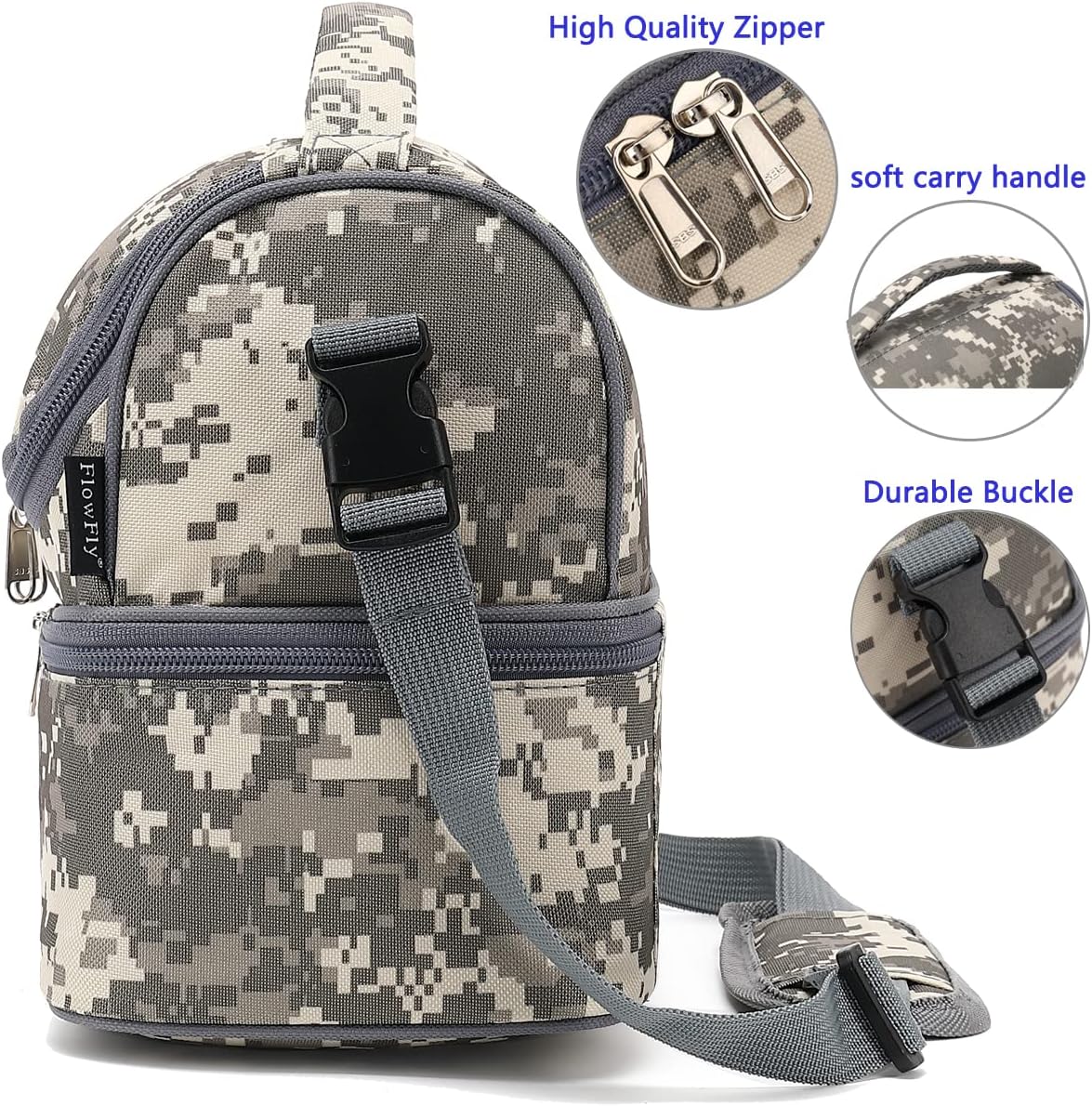 FlowFly Kids Double Decker Cooler Insulated Lunch Bag Large Tote for Boys, Girls, Men, Women, With Adjustable Strap, Digital Camo