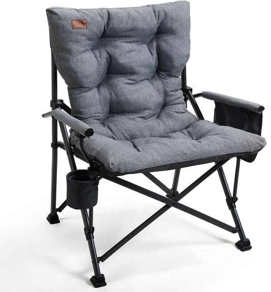 EVER ADVANCED Padded Oversized Folding Camping Chair for Adults, Heavy Duty Lawn Chair with Side Pockets, Portable Collapsible Quad Chair for Outside, Support Up to 500lbs, Grey
