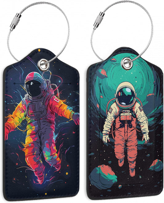 Set of 2 Luggage Tags for Suitcases, Leather Astronauts in Space Baggage Tags with Stainless Steel Loop, Privacy Name ID Card Cover Kawaii Travel Labels for Women Men Kids Girls