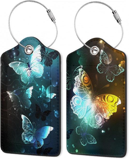 Luggage Tags for Suitcase,Glowing Butterfly Flying Luggage Tags of Set 2 Leather Identifiers Privacy Cover with Stainless Steel Loop for Women Men Travel Bag Suitcase