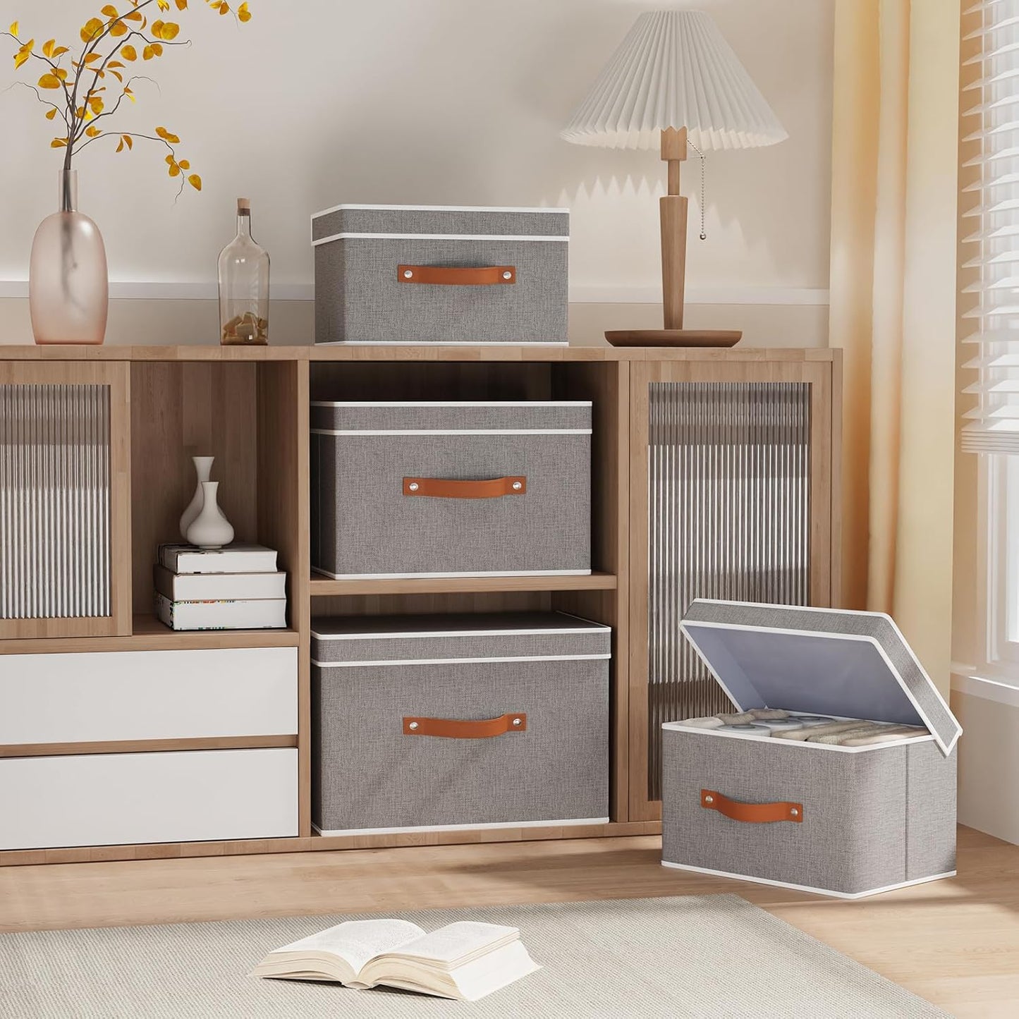 Collapsible Storage Bins with Lids, 1 Pack Linen Foldable Cloth Baskets, 15 x 9.8 x 9.8 Inch Closet Organizer Containers with Double Handles, Sweater Boxes for Bedroom, Grey