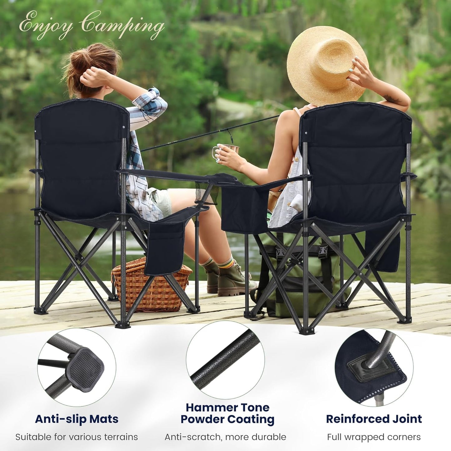 HIGH POINT SPORTS Oversized Camping Folding Chair, Heavy Duty Portable Outdoor Chair, Foldable Camp Chair with Cup Holder and Cooler Bag Support 450 LBS, 2 Pack, Green